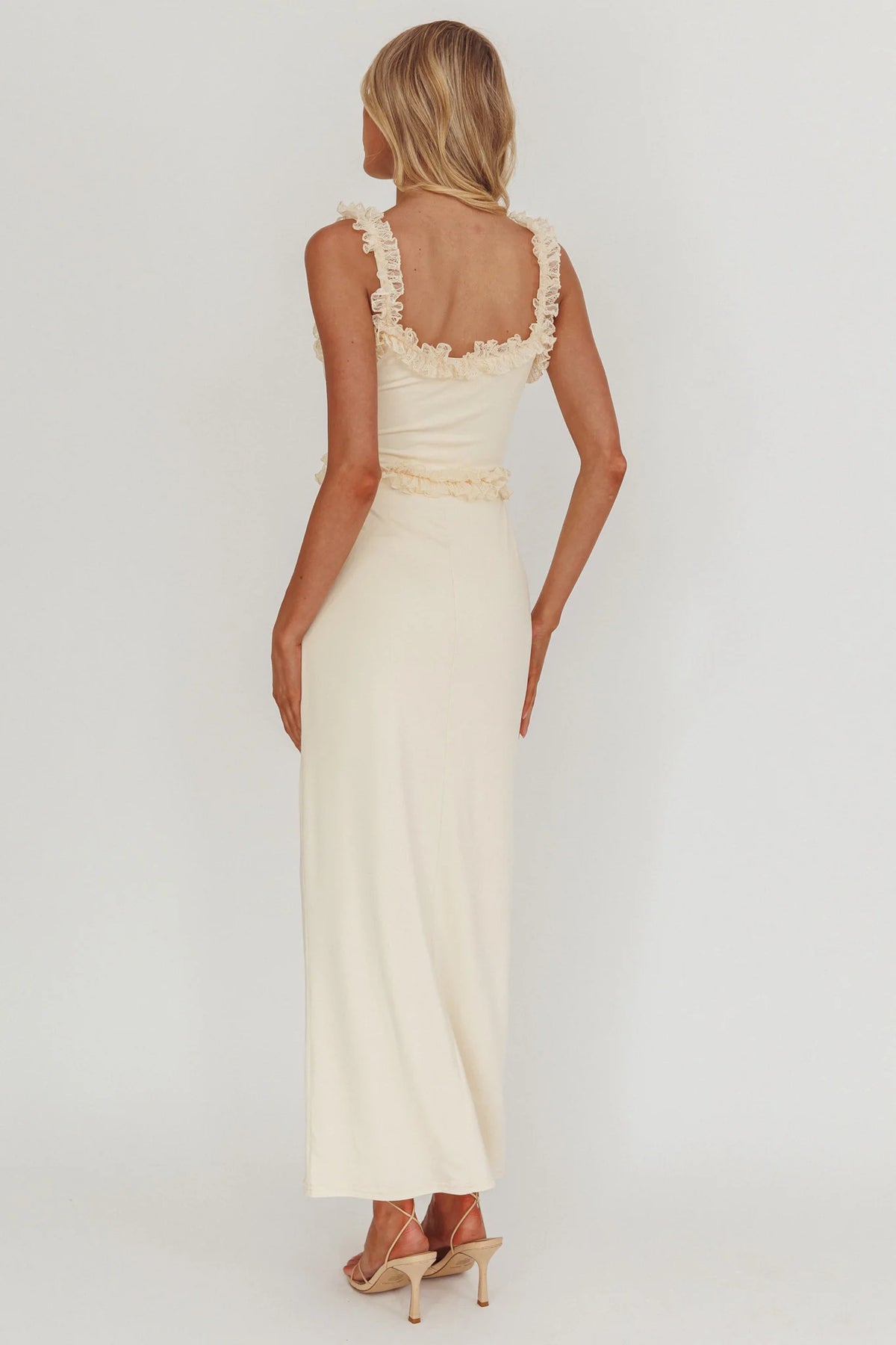 Cream Lace Ruffle Trim Square Neck Maxi Evening Dress