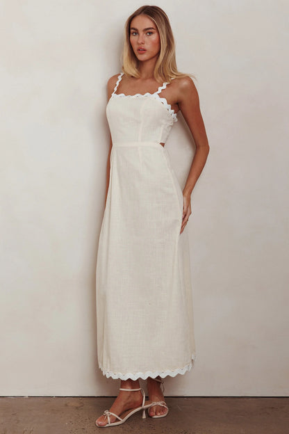 Cream Linen Scallop Trim Tie Back Maxi Evening Dress