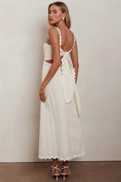 Cream Linen Scallop Trim Tie Back Maxi Evening Dress