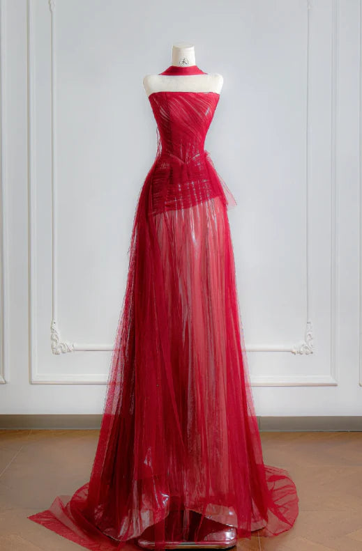 Crimson Red Strapless Ruched Tulle High-Slit Detachable Capelet Sweeping Train Evening Dress