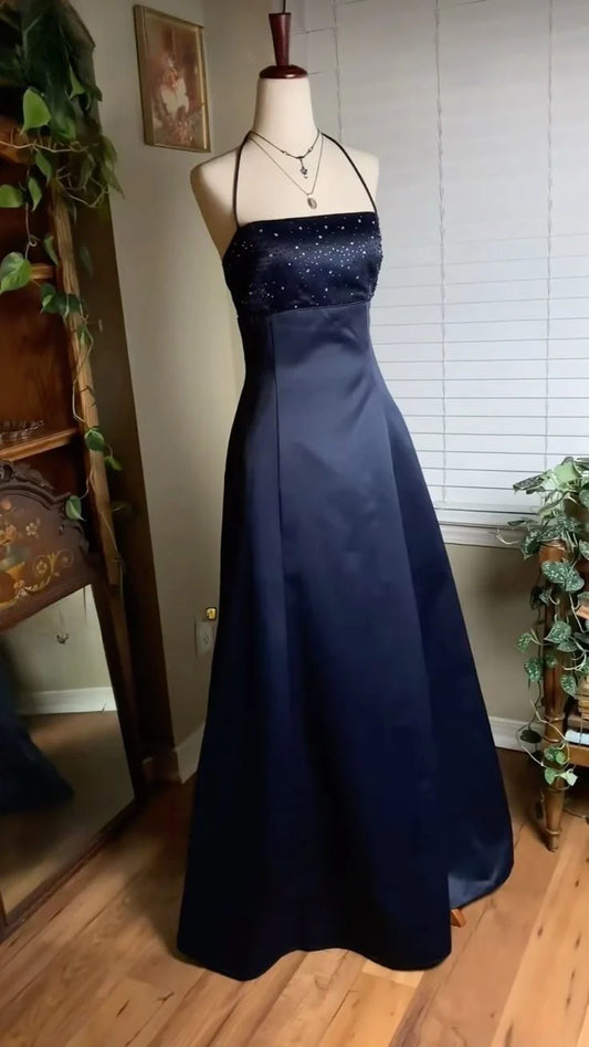 Crystal/Rhinestone Elegant Navy Blue Satin Halter Neck Rhinestone Bodice A-Line Floor-Length Prom Dress