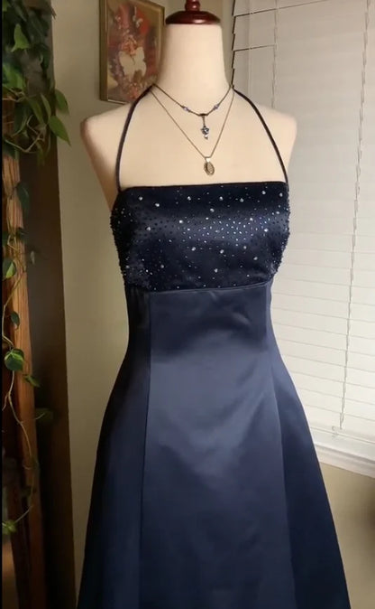 Crystal/Rhinestone Elegant Navy Blue Satin Halter Neck Rhinestone Bodice A-Line Floor-Length Prom Dress