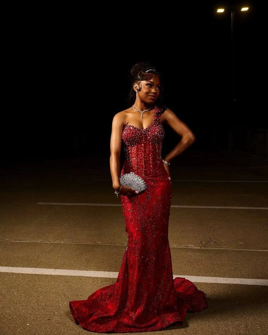 Crystal/Rhinestone Glamorous Crimson Red One-Shoulder All-Over Rhinestone Embellished Mermaid Train Prom Dress