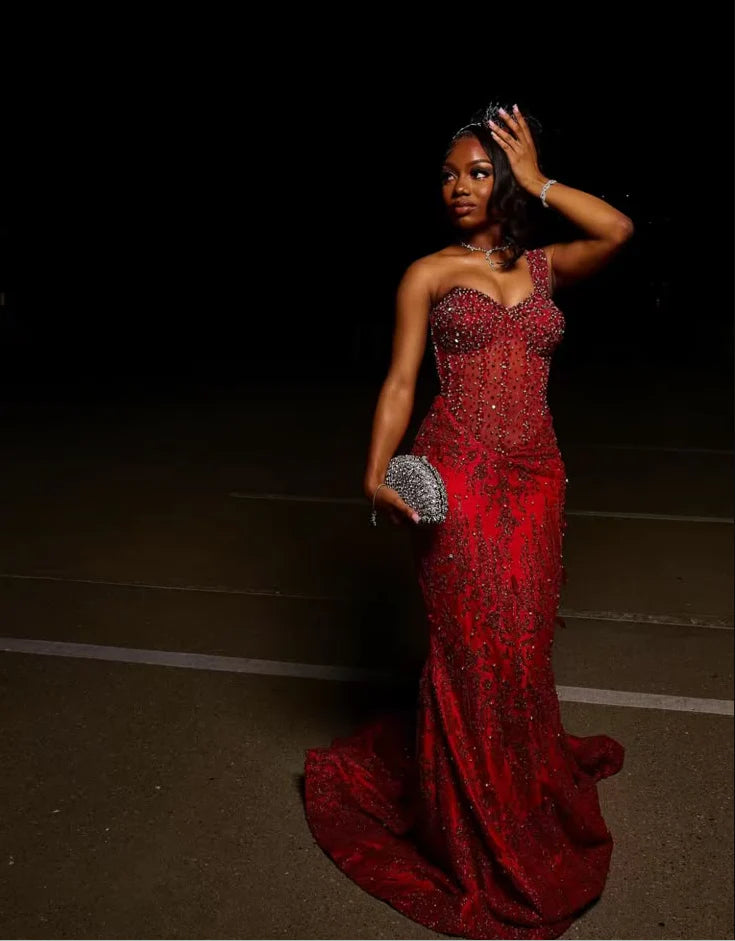 Crystal/Rhinestone Glamorous Crimson Red One-Shoulder All-Over Rhinestone Embellished Mermaid Train Prom Dress