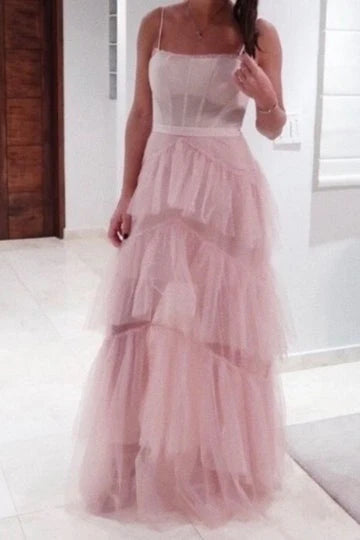 Straps Tiered A-Line Long Prom Dress