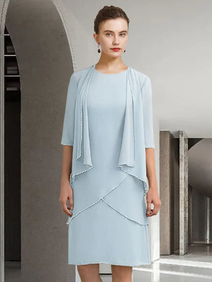 Mother of the Bride Dress Elegant Jewel Neck Knee Length Chiffon Lace Half Sleeve with Beading Ruffles