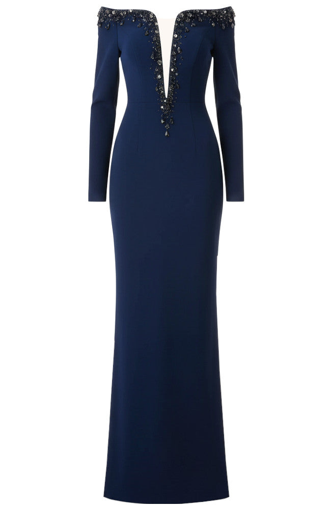 Dark Blue Sequin V-Neck Long Sleeve Mermaid Long Evening Gown for Party Wedding Banquet Festival Prom Formal Occasions