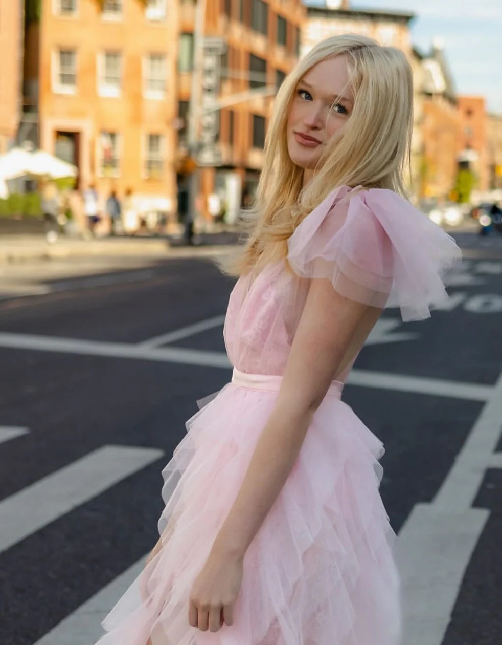 Deep V-Neck Sheer Tulle Ruffled Evening Dress with Tiered Skirt and High Slit