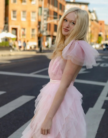 Deep V-Neck Sheer Tulle Ruffled Evening Dress with Tiered Skirt and High Slit