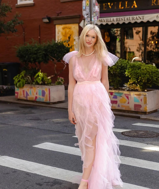 Deep V-Neck Sheer Tulle Ruffled Evening Dress with Tiered Skirt and High Slit