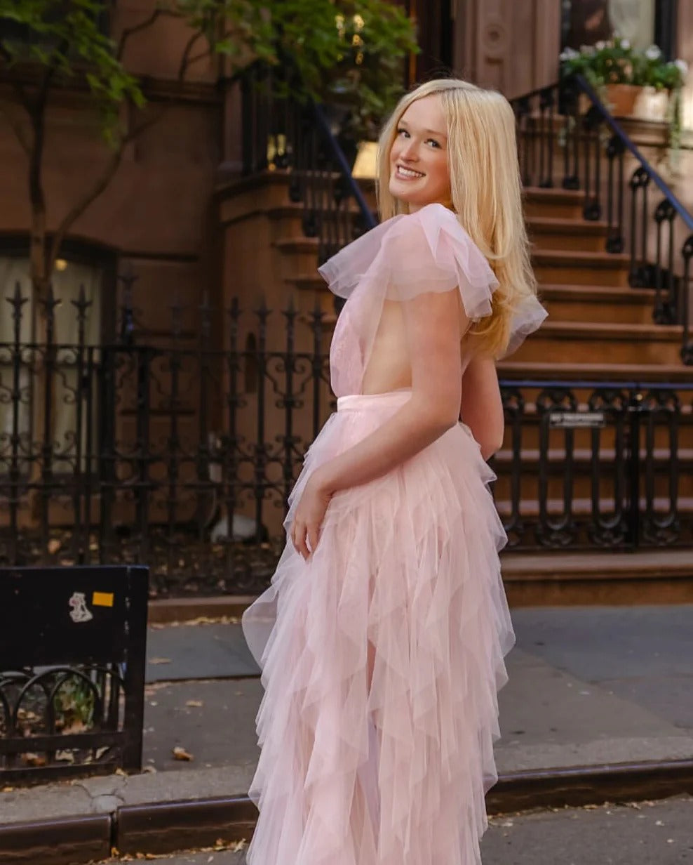 Deep V-Neck Sheer Tulle Ruffled Evening Dress with Tiered Skirt and High Slit