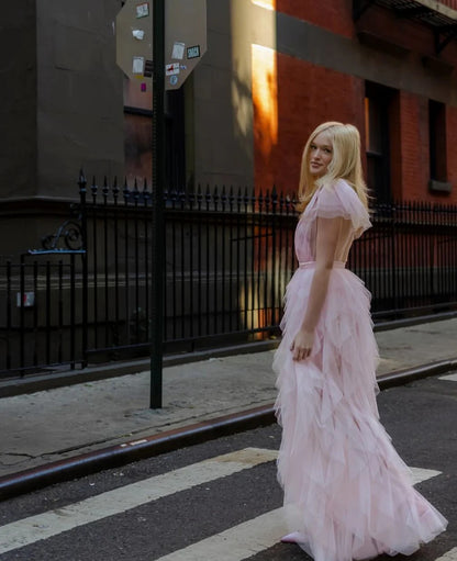 Deep V-Neck Sheer Tulle Ruffled Evening Dress with Tiered Skirt and High Slit
