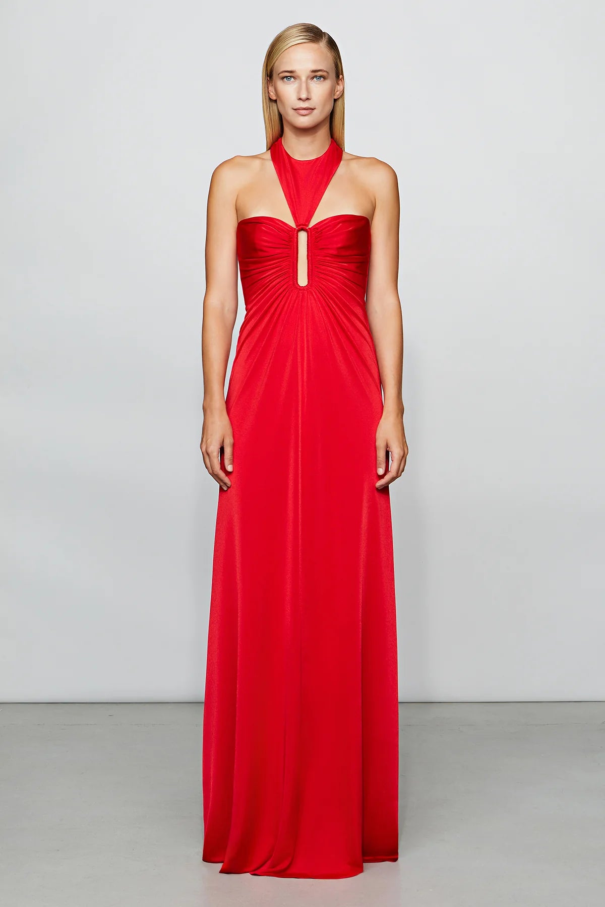 Dramatic Ruby Red Halter Neck Keyhole Cut-Out Ruched Floor-Length Evening Dress