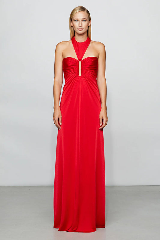 Dramatic Ruby Red Halter Neck Keyhole Cut-Out Ruched Floor-Length Evening Dress