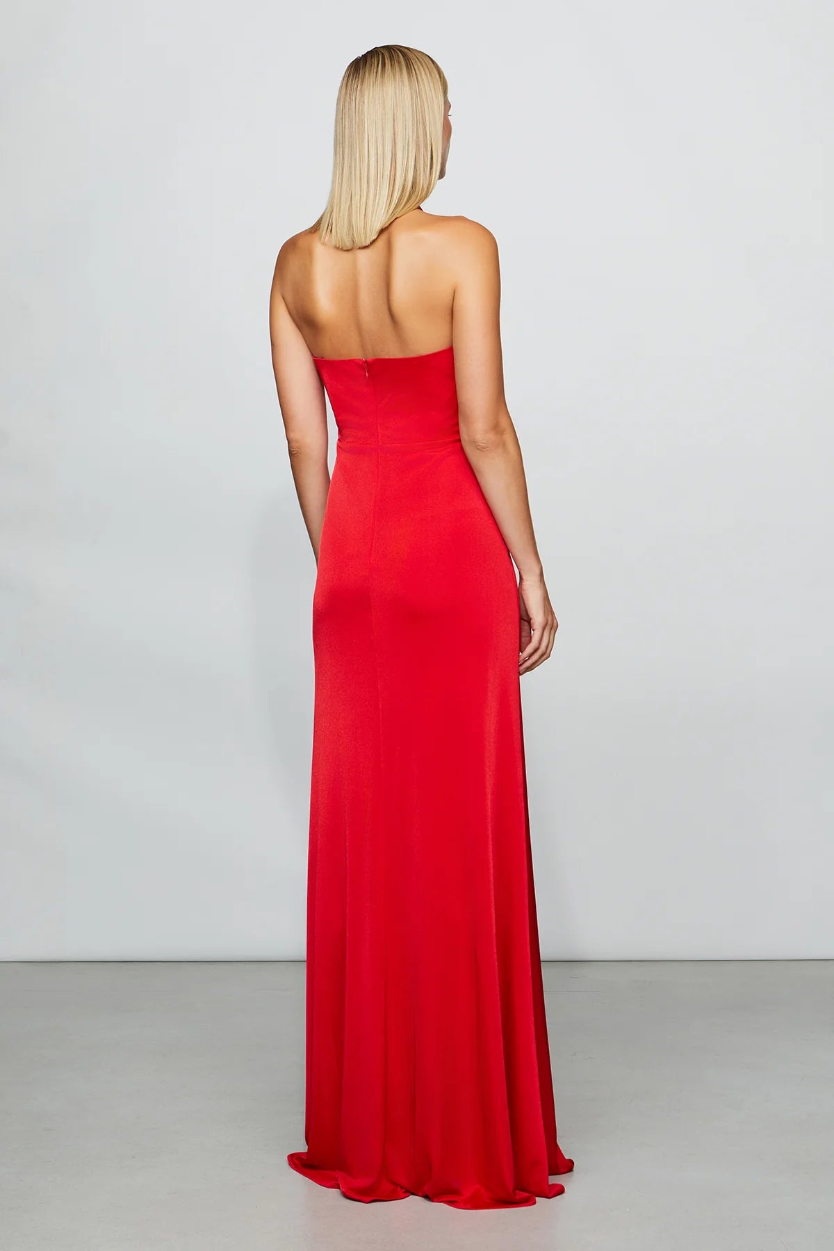 Dramatic Ruby Red Halter Neck Keyhole Cut-Out Ruched Floor-Length Evening Dress