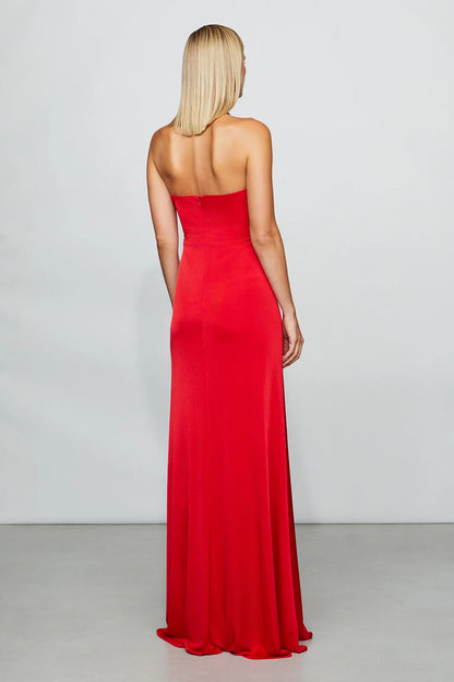 Dramatic Ruby Red Halter Neck Keyhole Cut-Out Ruched Floor-Length Evening Dress