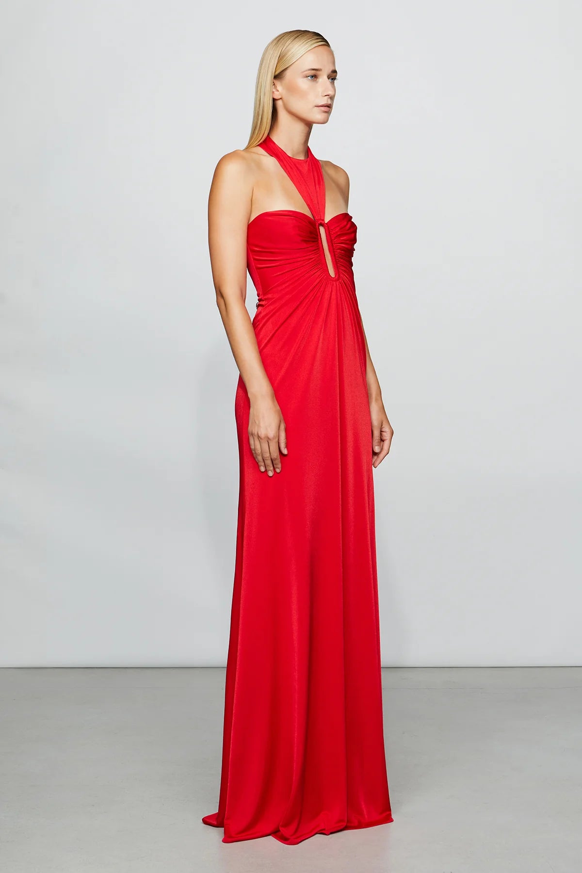 Dramatic Ruby Red Halter Neck Keyhole Cut-Out Ruched Floor-Length Evening Dress