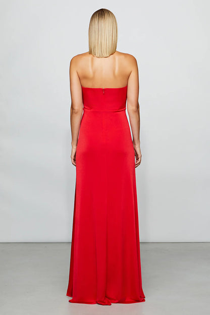 Dramatic Ruby Red Halter Neck Keyhole Cut-Out Ruched Floor-Length Evening Dress
