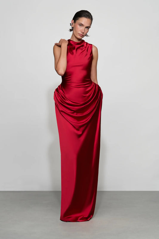 Dramatic Ruby Red Satin High Neck Sleeveless Draped Waist Floor-Length Evening Dress