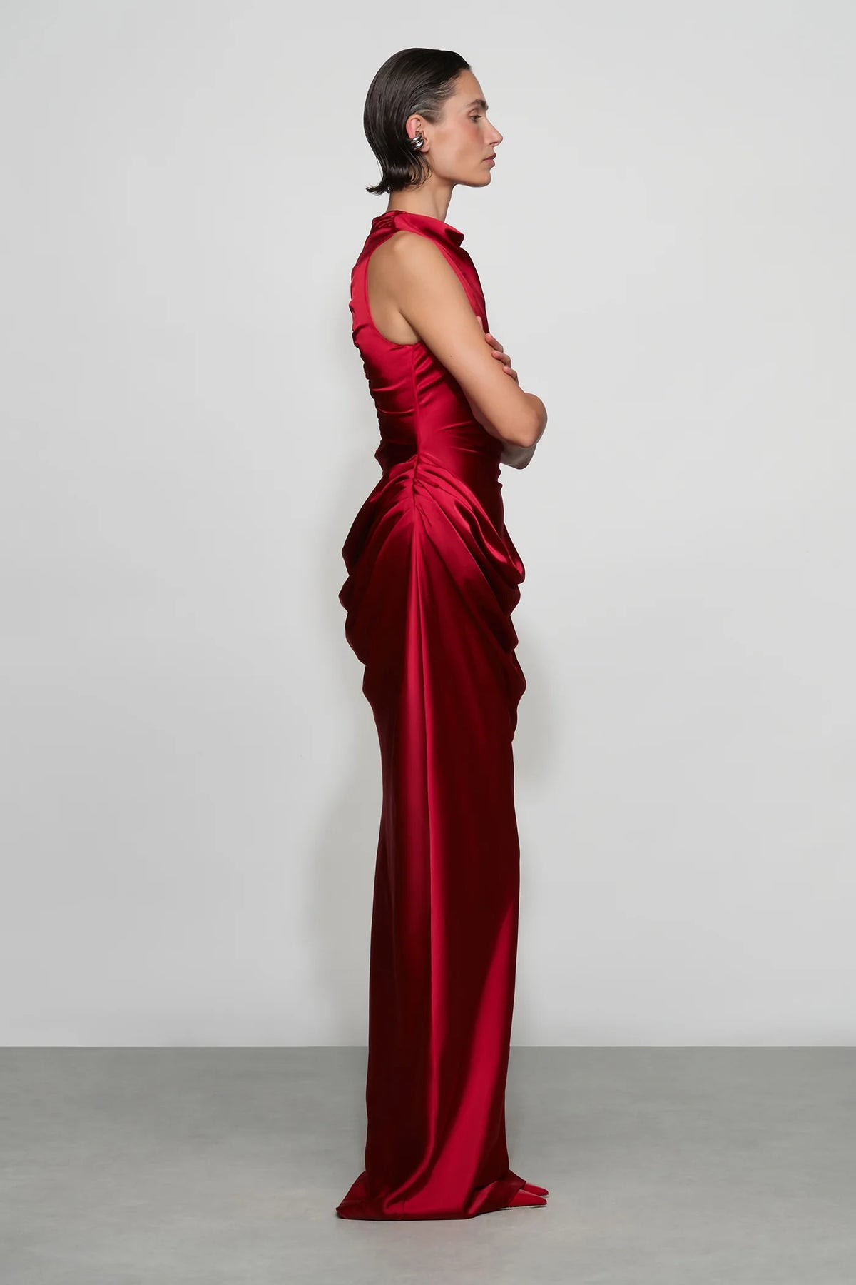 Dramatic Ruby Red Satin High Neck Sleeveless Draped Waist Floor-Length Evening Dress