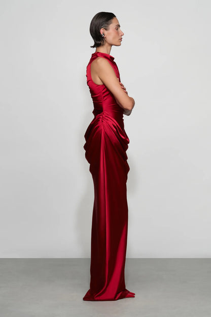 Dramatic Ruby Red Satin High Neck Sleeveless Draped Waist Floor-Length Evening Dress