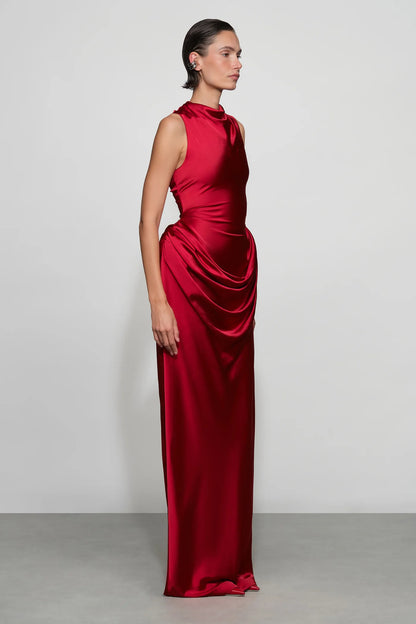 Dramatic Ruby Red Satin High Neck Sleeveless Draped Waist Floor-Length Evening Dress