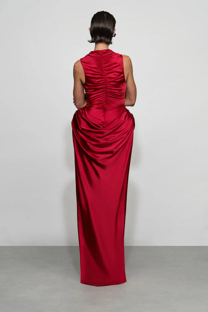 Dramatic Ruby Red Satin High Neck Sleeveless Draped Waist Floor-Length Evening Dress