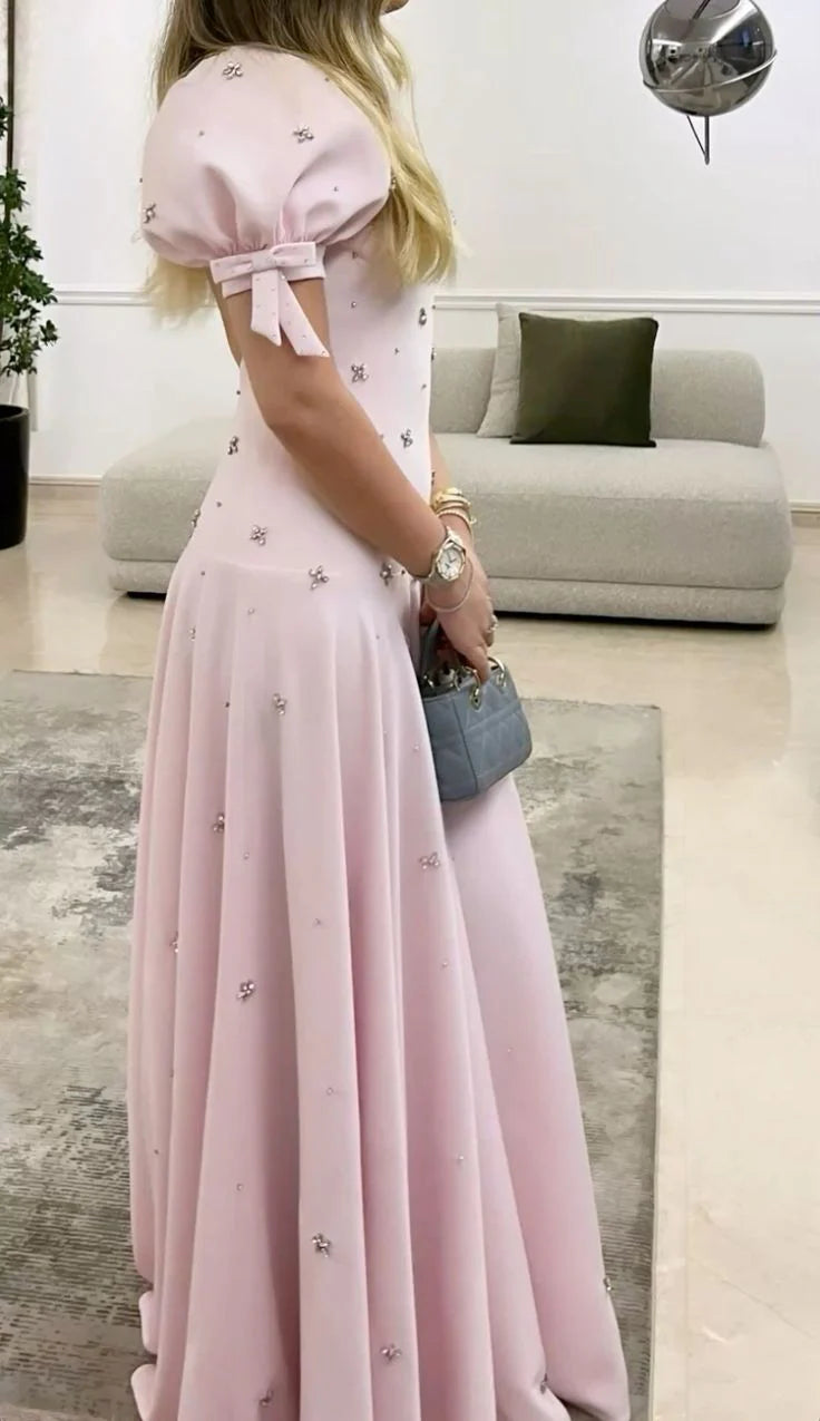 Dreamy Blush Pink Puff-Sleeve Sweetheart Rhinestone Star Backless A-Line Floor-Length Beading Prom Dress