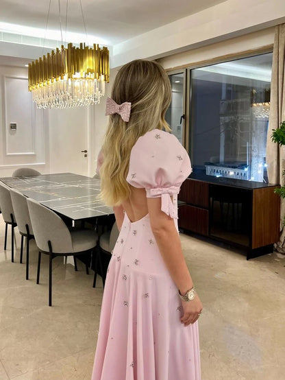 Dreamy Blush Pink Puff-Sleeve Sweetheart Rhinestone Star Backless A-Line Floor-Length Beading Prom Dress