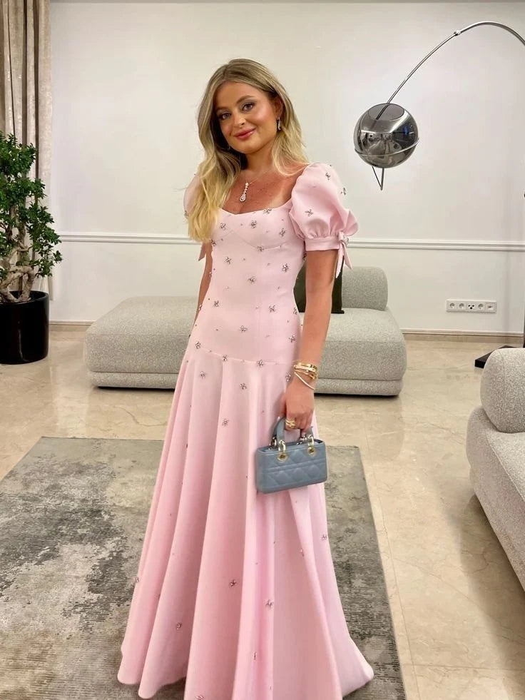 Dreamy Blush Pink Puff-Sleeve Sweetheart Rhinestone Star Backless A-Line Floor-Length Beading Prom Dress