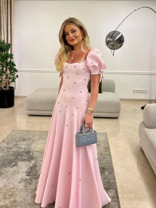 Dreamy Blush Pink Puff-Sleeve Sweetheart Rhinestone Star Backless A-Line Floor-Length Beading Prom Dress
