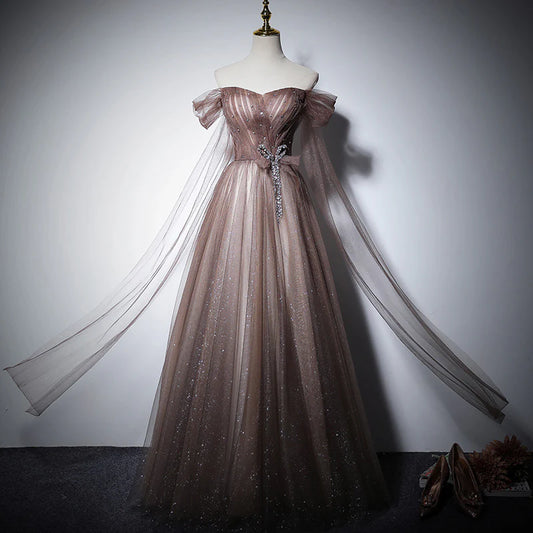 Dusty Mauve Off-the-Shoulder Sweetheart Rhinestone Bow Glitter Tulle A-Line Lace-Up Back Floor-Length Evening Dress