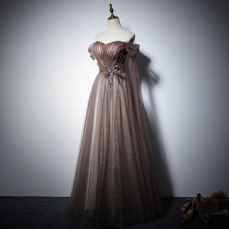 Dusty Mauve Off-the-Shoulder Sweetheart Rhinestone Bow Glitter Tulle A-Line Lace-Up Back Floor-Length Evening Dress