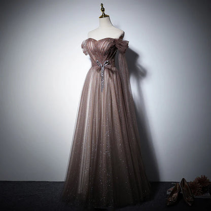 Dusty Mauve Off-the-Shoulder Sweetheart Rhinestone Bow Glitter Tulle A-Line Lace-Up Back Floor-Length Evening Dress