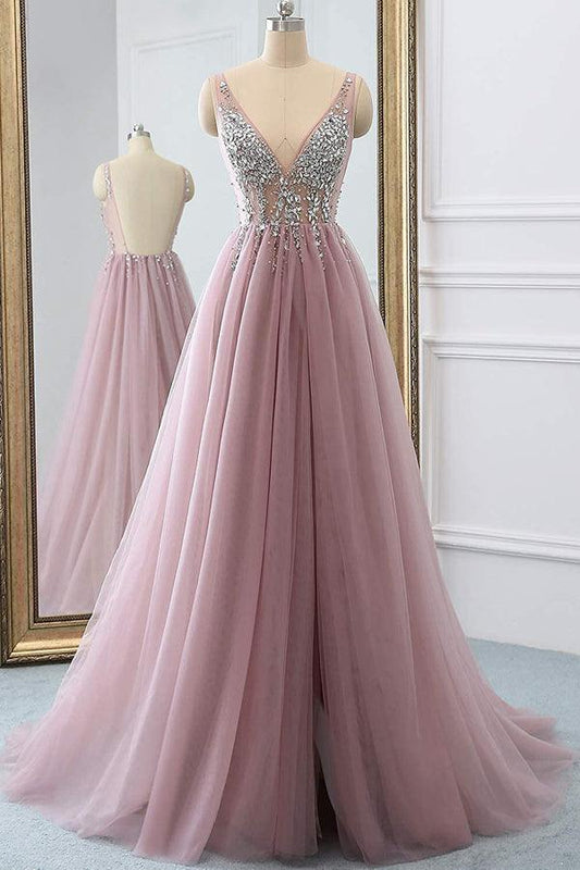 A Line Sparkly V Neck Spaghetti Straps Brush Train Dresses Tulle Long Prom Dress