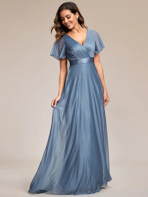 Sparkling Short Sleeve V-Neck Ribbon Waist A-Line Evening Dress/Prom Dresses Party Dresses Wedding Guest Dresses