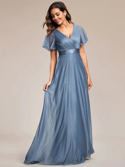 Sparkling Short Sleeve V-Neck Ribbon Waist A-Line Evening Dress/Prom Dresses Party Dresses Wedding Guest Dresses