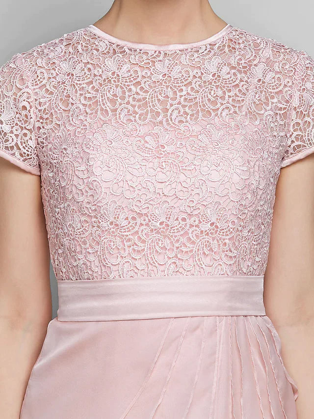 Mother of the Bride Dress Jewel Neck Floor Length Chiffon Lace Short Sleeve with Lace Ruffles