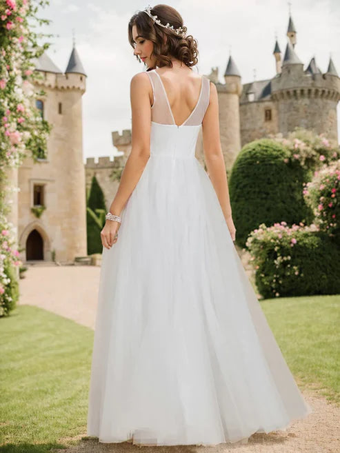 See-Through Shoulder Strap Flower Decoration Tulle Bridesmaid Dress/Prom Dresses Party Dresses