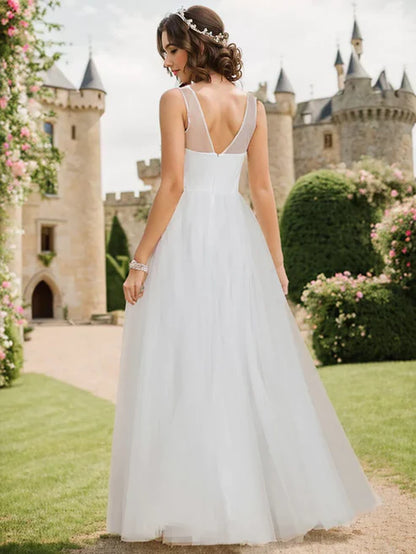 See-Through Shoulder Strap Flower Decoration Tulle Bridesmaid Dress/Prom Dresses Party Dresses