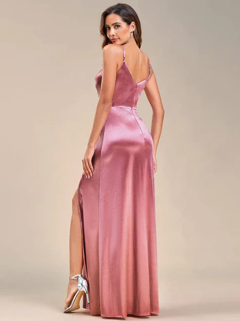 Spaghetti Straps High Stretch V-Neck Sleeveless Satin Evening Dress/Prom Dresses Party Dresses Wedding Guest Dresses With Slit