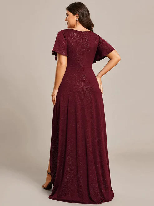 Plus Size Glitter Ruffled High-Low Front Slit Evening Dress/Prom Dresses Party Dresses Wedding Guest Dresses