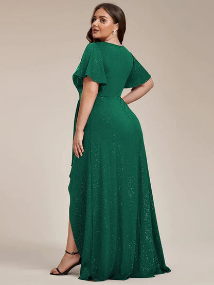 Plus Size Glitter Ruffled High-Low Front Slit Evening Dress/Prom Dresses Party Dresses Wedding Guest Dresses