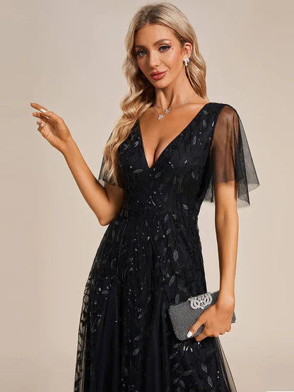 Shimmery V Neck Ruffle Sleeves Sequin Maxi Long Evening Dress/Prom Dresses Party Dresses Wedding Guest Dresses
