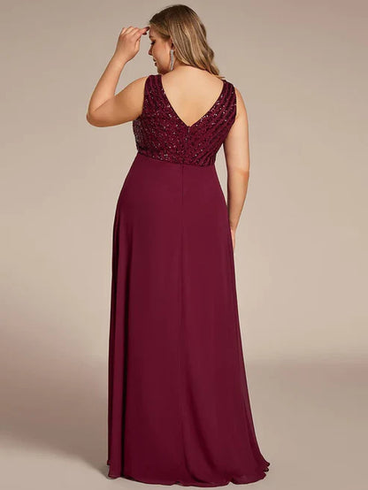 Plus Size Sequin Sleeveless Double V-Neck Formal Evening Dress/Prom Dresses Party Dresses Wedding Guest Dresses