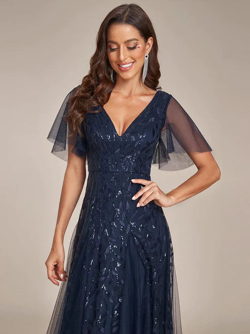 Shimmery V Neck Ruffle Sleeves Sequin Maxi Long Evening Dress/Prom Dresses Party Dresses Wedding Guest Dresses