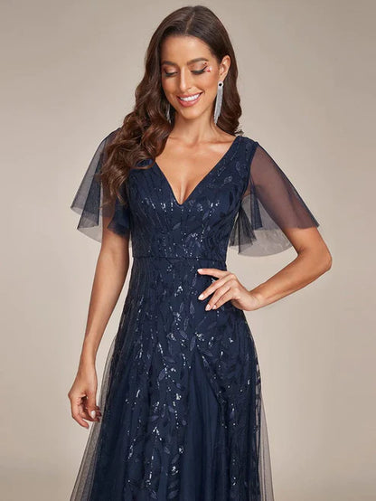 Shimmery V Neck Ruffle Sleeves Sequin Maxi Long Evening Dress/Prom Dresses Party Dresses Wedding Guest Dresses