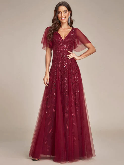 Shimmery V Neck Ruffle Sleeves Sequin Maxi Long Evening Dress/Prom Dresses Party Dresses Wedding Guest Dresses