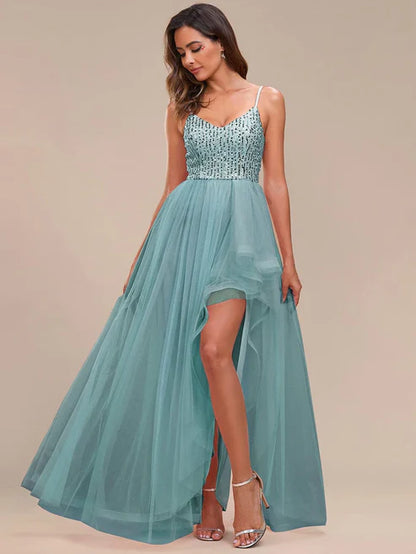 Spaghetti Strap Sequin Top A-Line High Low Tulle Asymmetric Evening Dress/Prom Dresses Party Dresses Wedding Guest Dresses