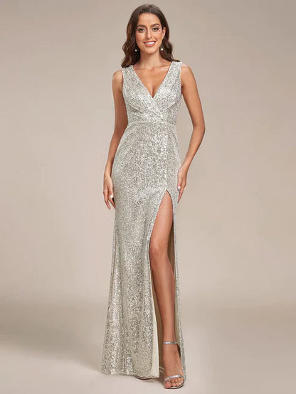 Shiny Sleeveless Sequin Deep V-Neck High Slit Evening Dress/Prom Dresses Party Dresses Wedding Guest Dresses